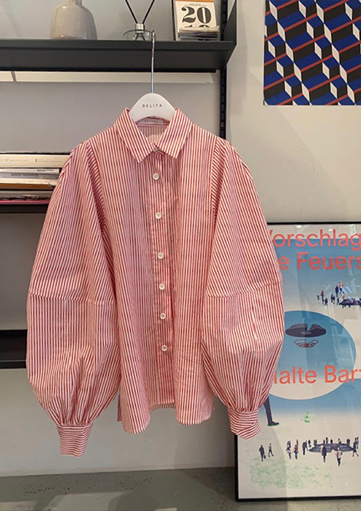 STRIPED RED BALLOON SLEEVED LOOSE SHIRT