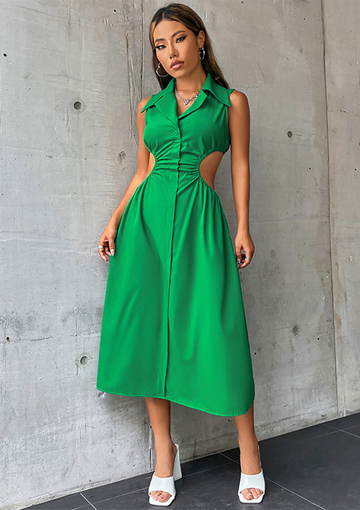 Green A-line Cut-out-waist Midi Dress