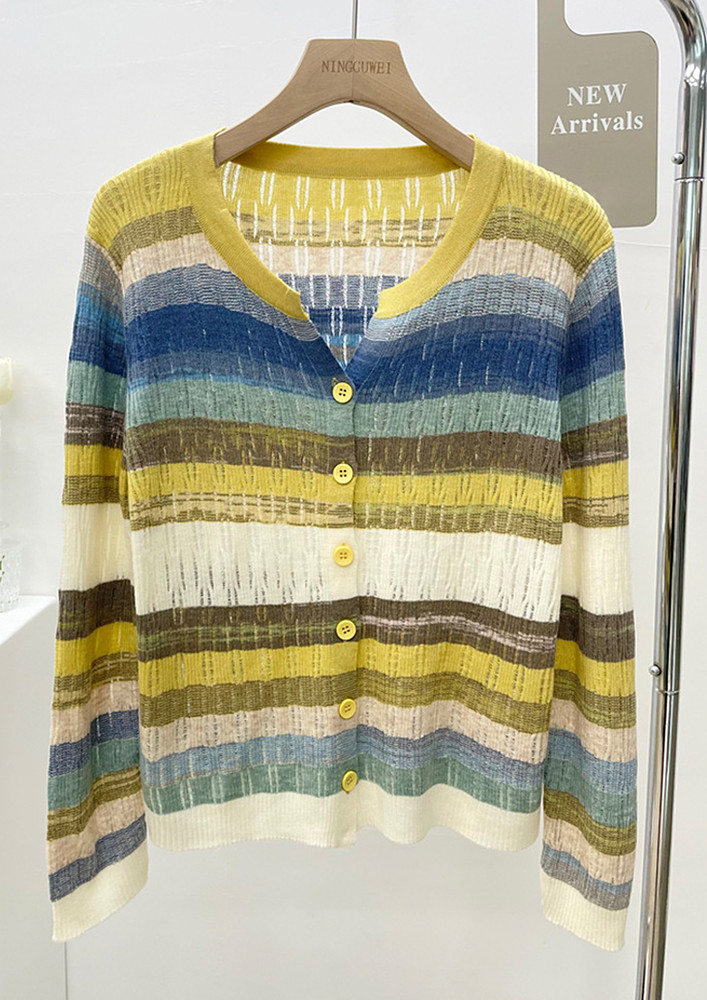 YELLOW CONTRAST-STRIPED RIPPED CARDIGAN
