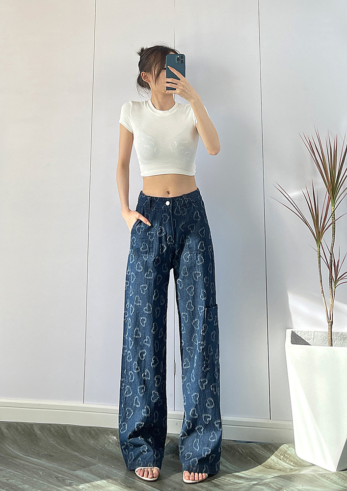 BLUE EMBROIDERED HEART MOTIFS STRAIGHT JEANS