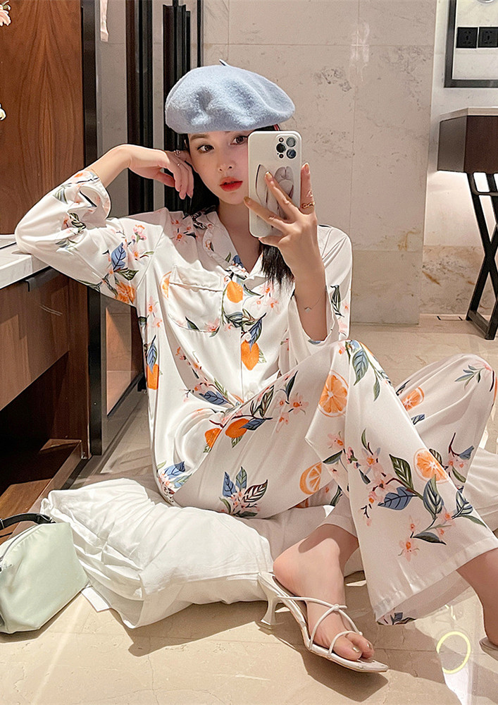 Floral Pattern White Orange Pyjama Set