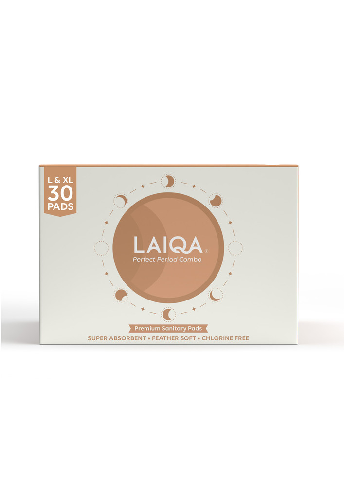 Laiqa Ultra Soft Day & Night Sanitary Pads For Women - Active Period Pack 10 Heavy Flow + 20 Moderate Flow + 2 Pantyliners | Made With Natural Fibers | Rash-Free Premium Sanitary Napkins With 4 Wings | Comes With 100% Biodegradable Disposal Bags