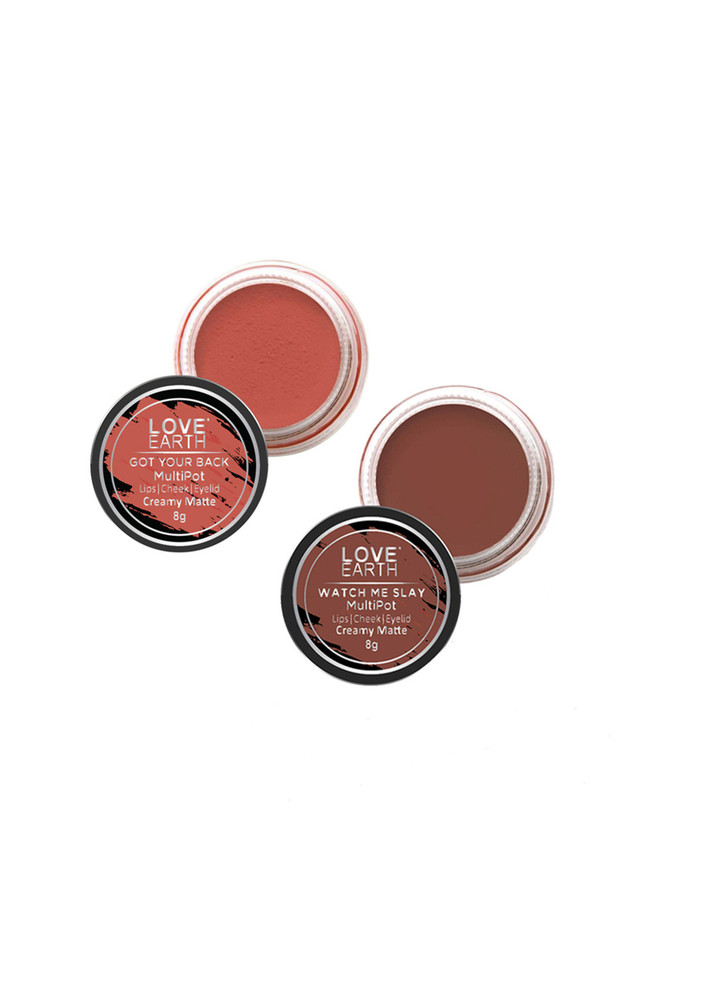 Love Earth Lip Tint & Cheek Tint Multipot Combo (Coral & Caramel Brown) with Richness of Jojoba Oil and Vitamin E for Lips, Eyelids and Cheeks