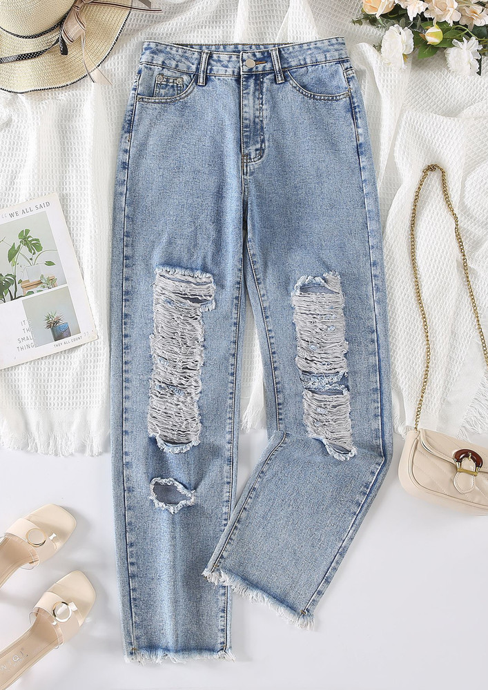 MID-RISE RIPPED STRAIGHT JEANS