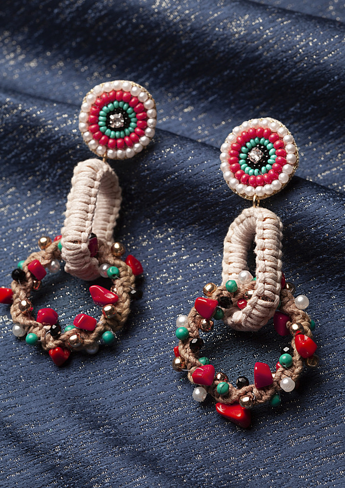 Gold-plated Red & White Ethnic Brass Artificial Stones And Beads Contemporary Drop Earrings