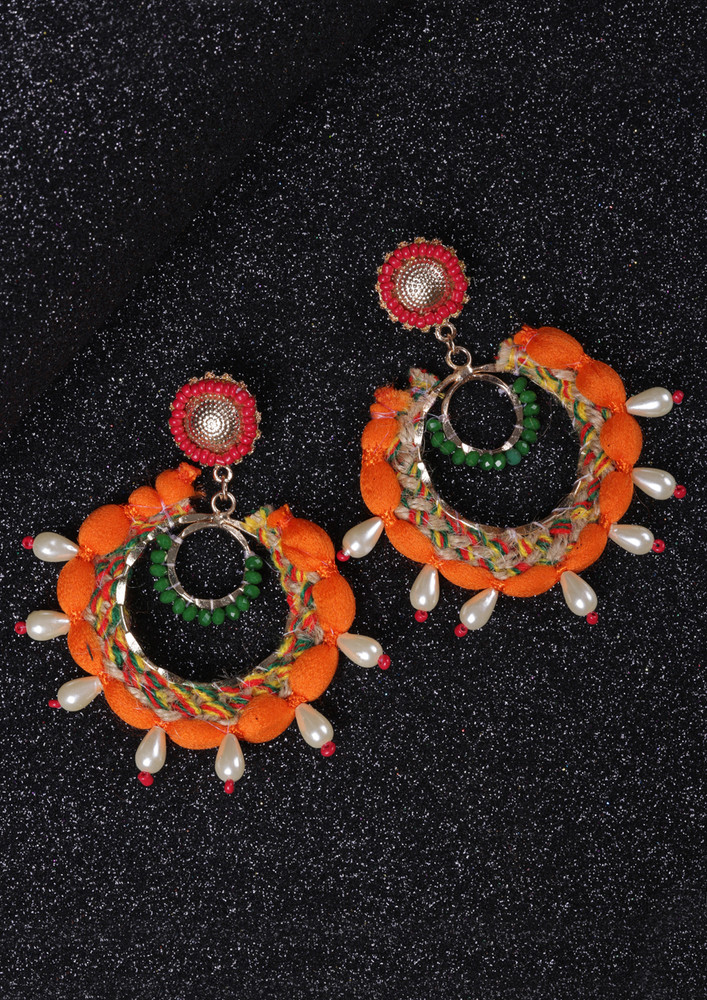 Gold-plated Orange & Gold Ethnic Brass Artificial Beads Contemporary Drop Earrings