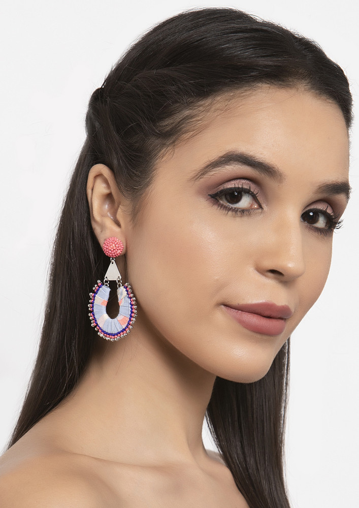 Silver-plated Pink & Blue Ethnic Brass Artificial Beads Contemporary Drop Earrings