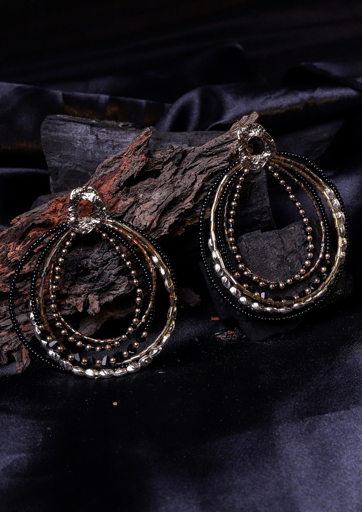 Gold-plated Gold & Black Ethnic Synthetic Artificial Beads Contemporary Drop Earrings