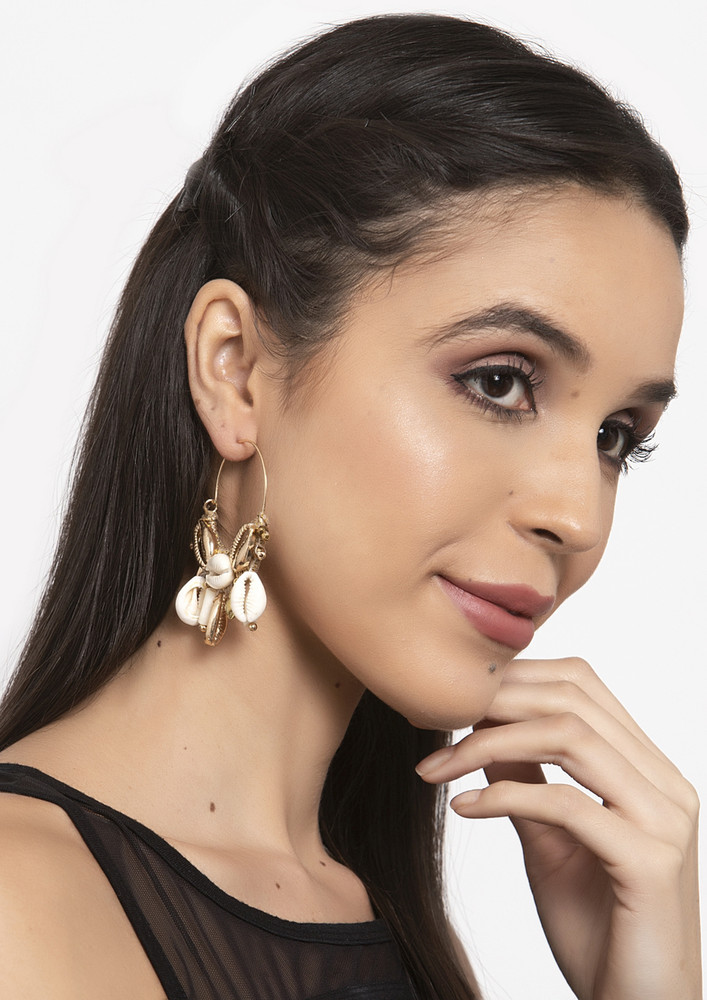 Gold-plated & White Ethnic Brass Artificial Beads Contemporary Drop Earrings