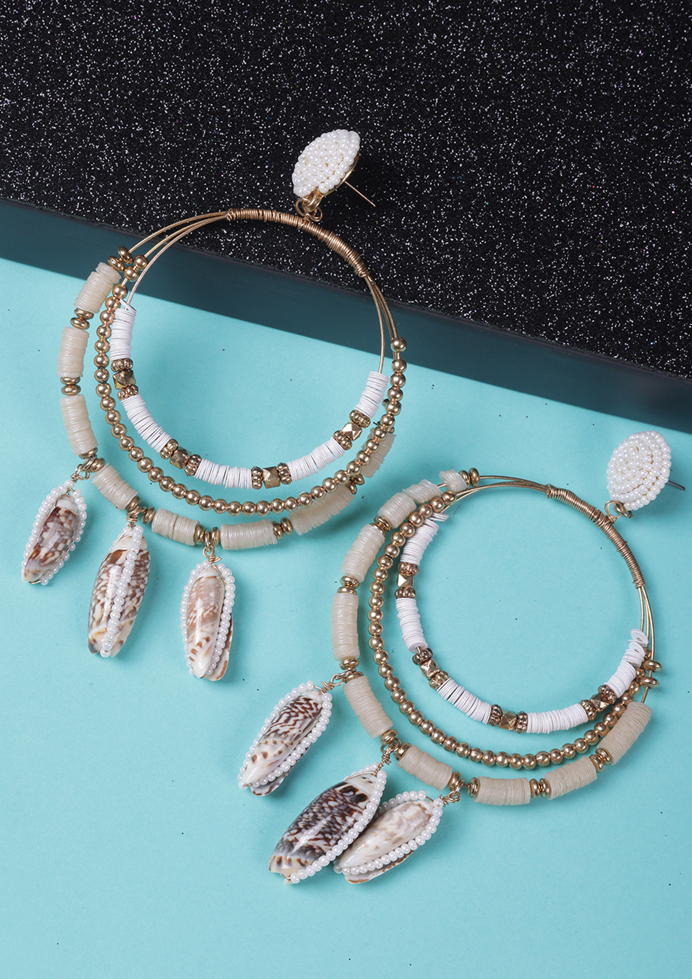 Gold-Plated & White Ethnic Brass Artificial Beads Drop Earrings
