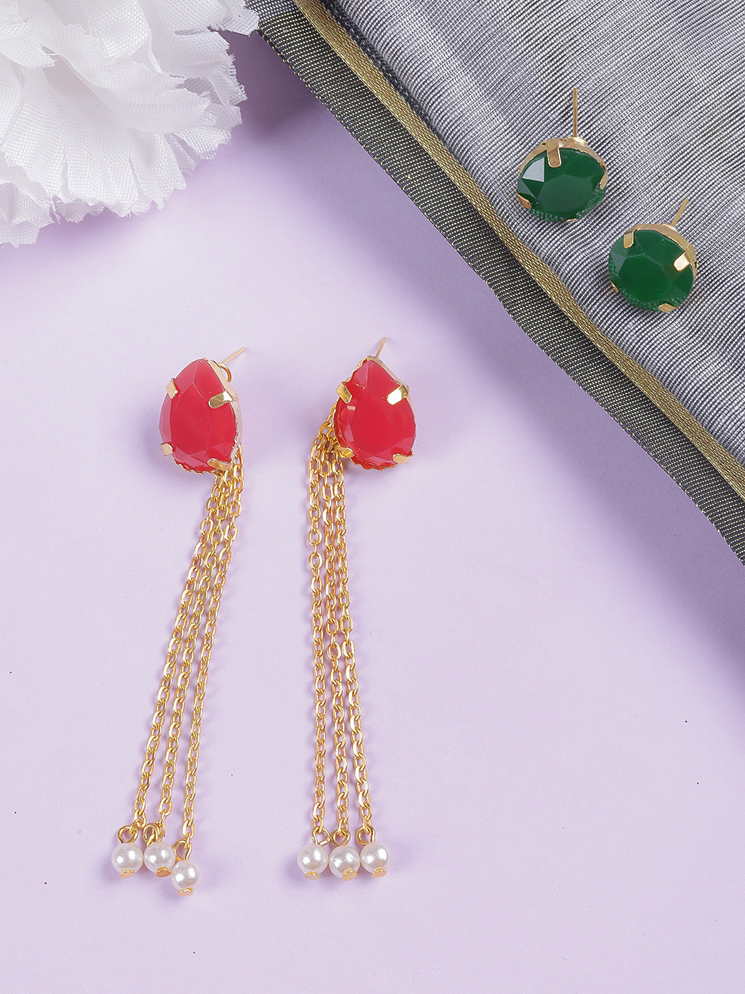 Women Rose Gold-Plated Green & Red Re-attachable 4 Earrings Set