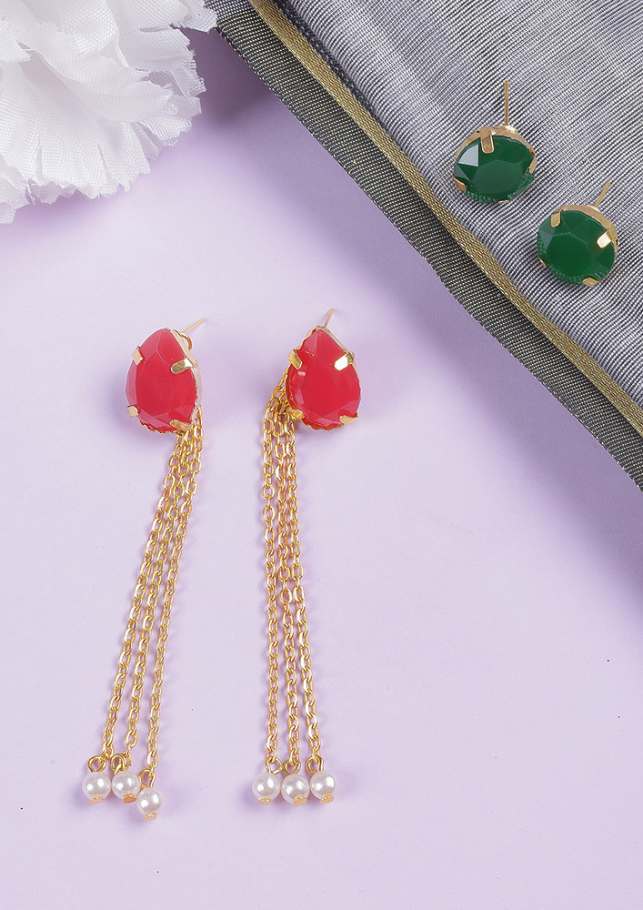 Women Rose Gold-plated Green & Red Re-attachable 4 Earrings Set