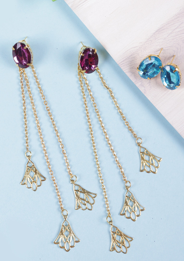 Women Rose Gold-Plated Purple & Blue Reattachable 4 Earring Set
