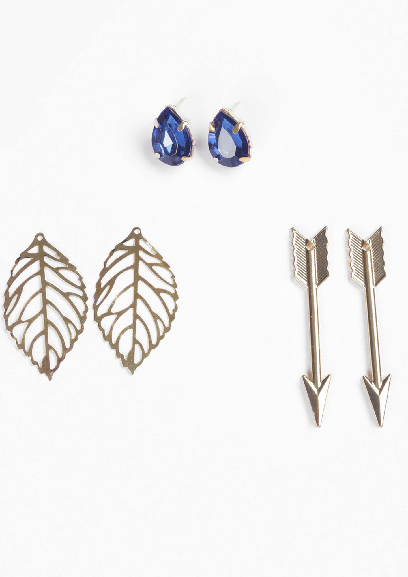 Women Gold-Plated Royal Navy Blue Reattachable 3 Earrings Set