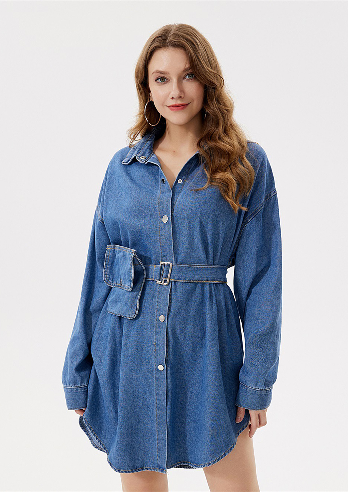 Buy Chambray Blue Swing Dress with Belt for Women Online in India