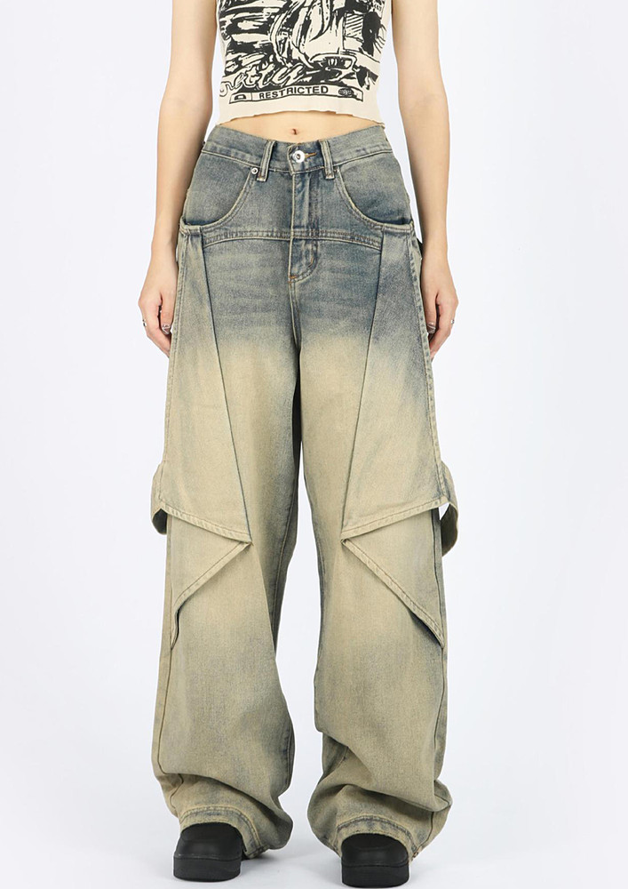 BLUE FADED EFFECT PLEATED DETAIL WIDE FIT JEANS