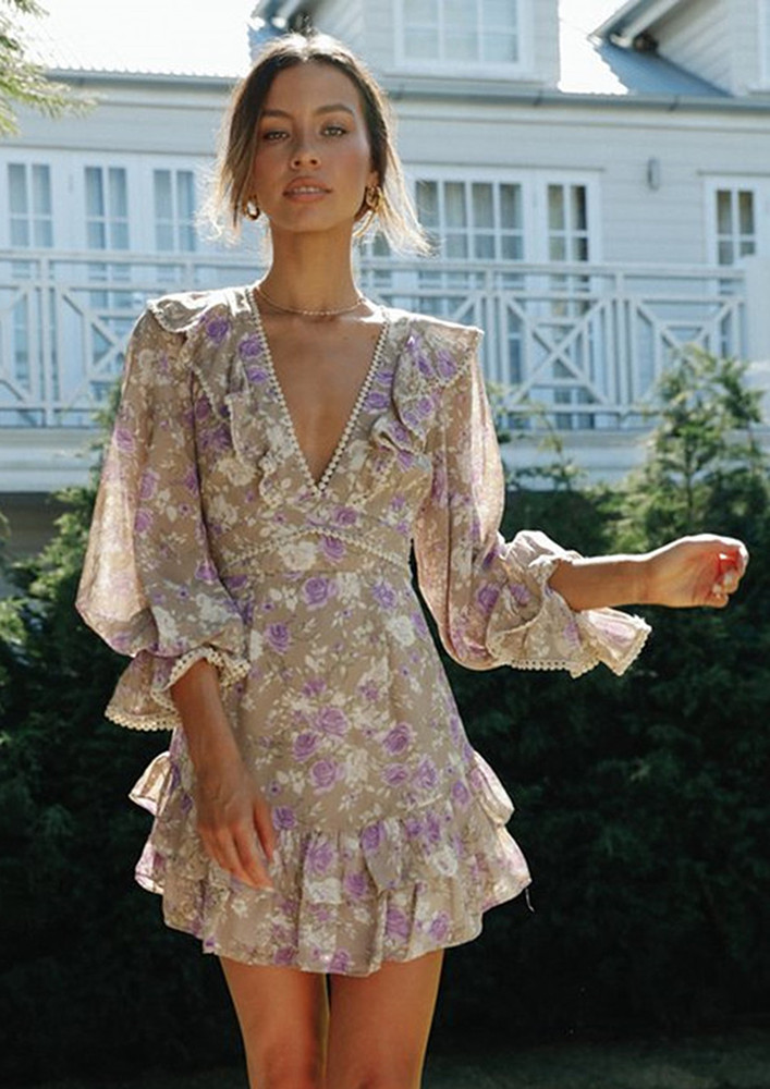 Purple Floral Pattern V-neck Lace-up Dress