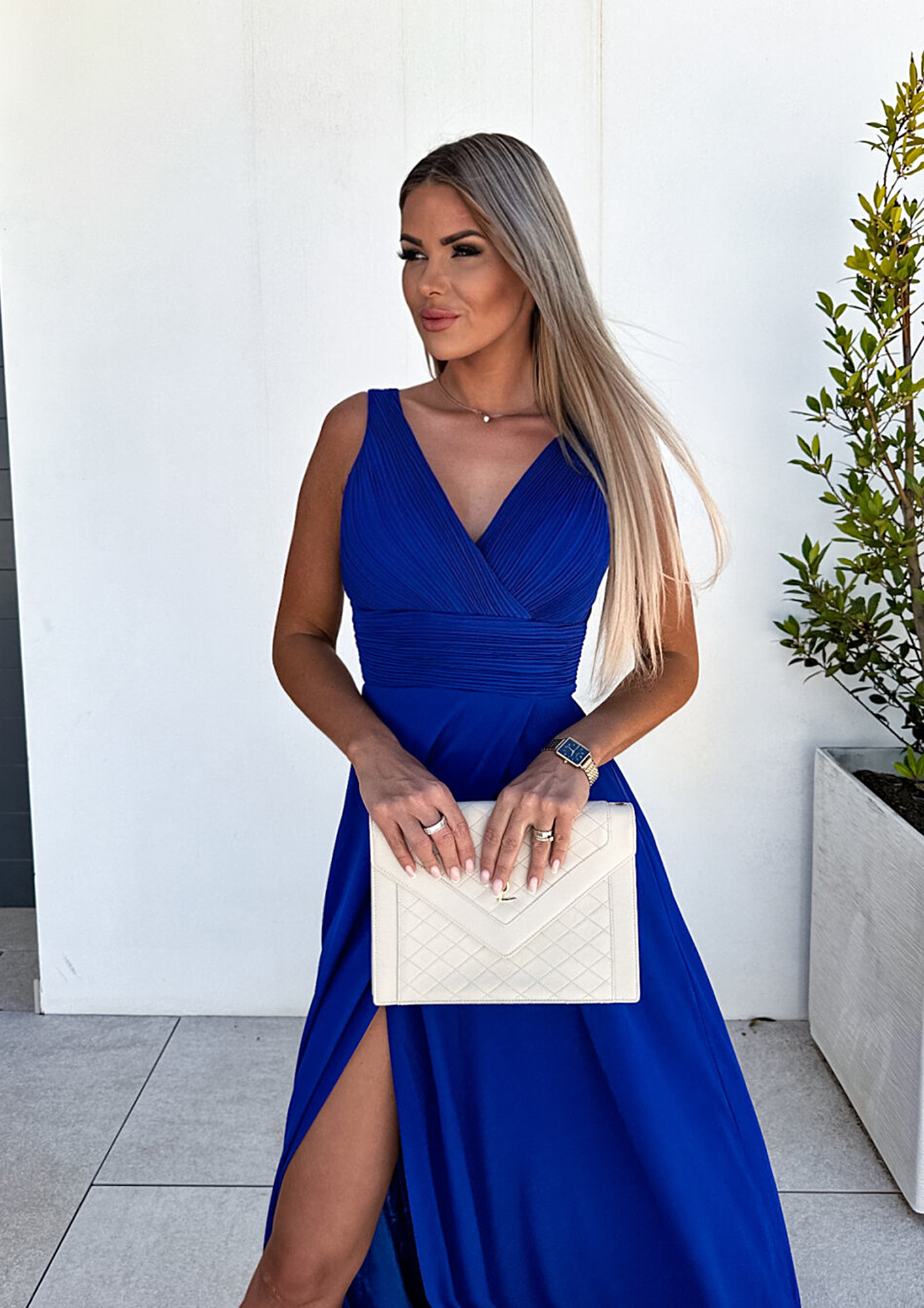 Buy PLEATED BLUE HIGH SLIT MAXI DRESS for Women Online in India