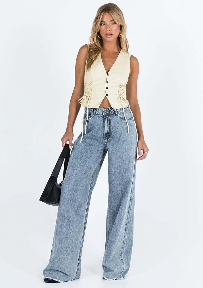 Washed Light Blue Fray-edged Wide Jeans