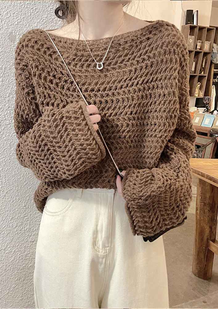 BROWN HOLLOW-KNIT BOAT NECK JUMPER