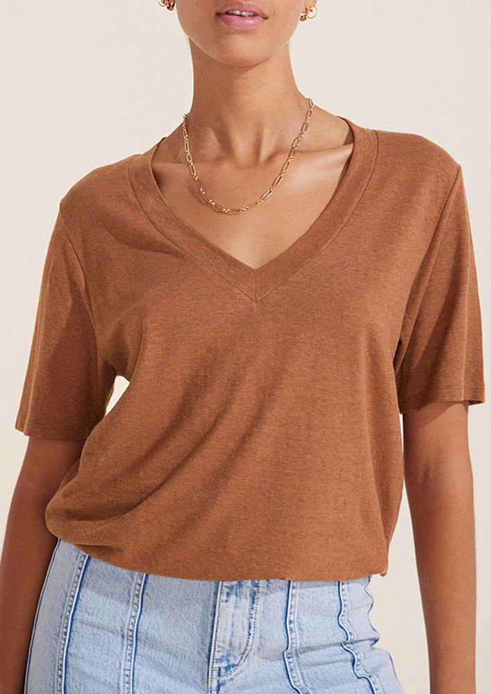 Brown V-neck Regular Cotton T-shirt