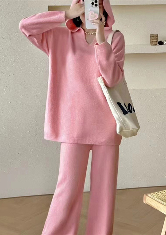 KNITTED PINK HOODED JUMPER & TROUSER SET