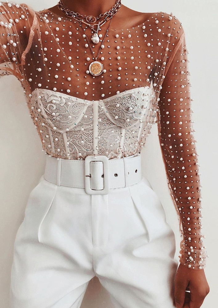 PEARLY BEIGE TRANSPARENT CROP TOP