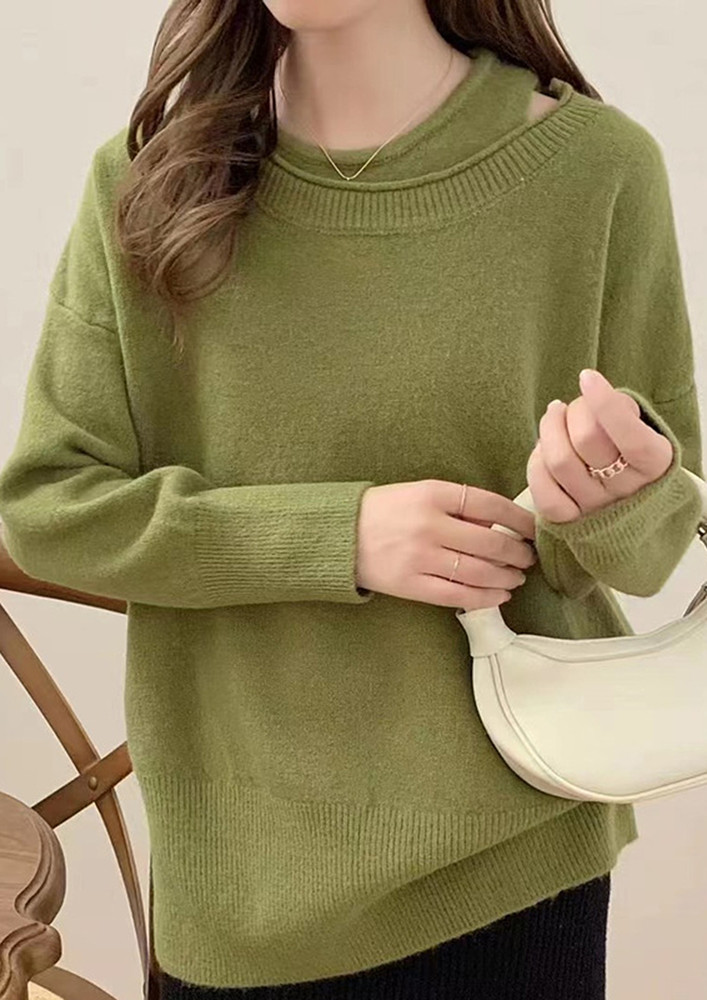 GREEN FAKE-TWO-PIECE KNITTED LOOSE JUMPER