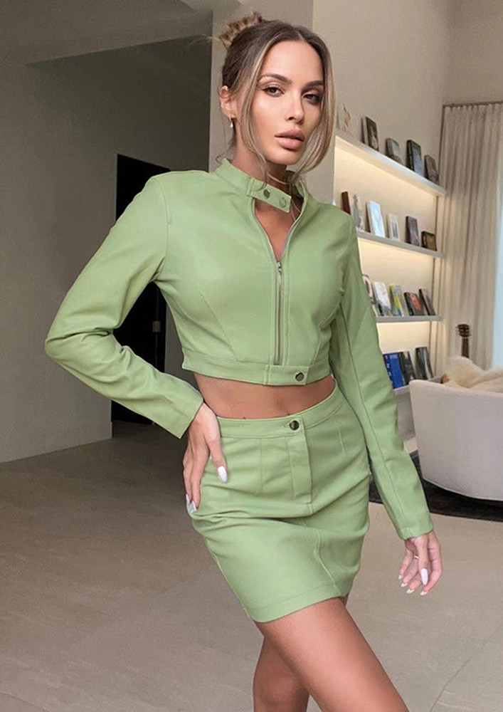 GREEN FAUX LEATHER JACKET & SKIRT SET