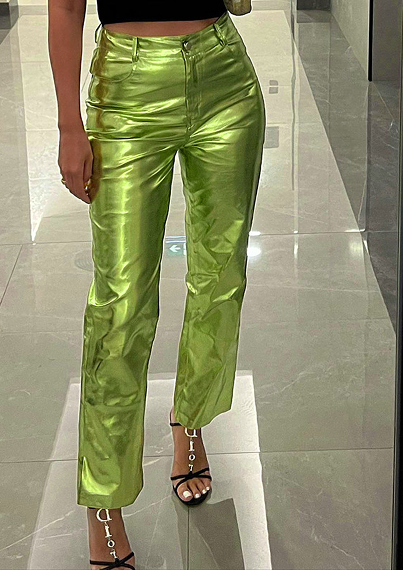 Buy GREEN HIGH-WAIST PU METALLIC LEATHER PANTS for Women Online in India