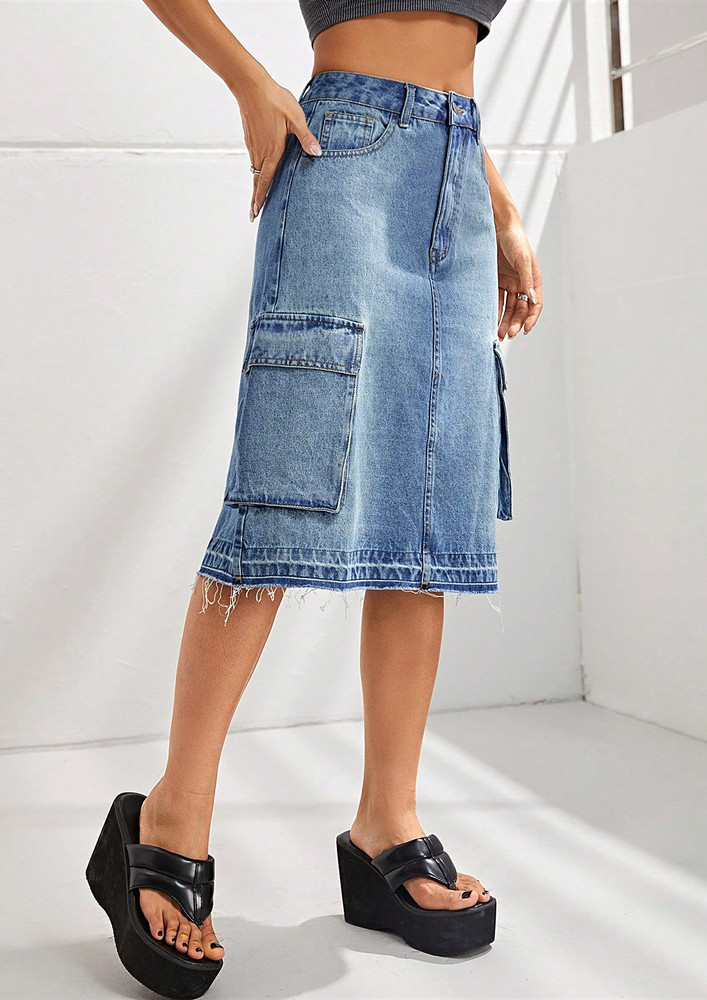 Mid Length Blue A-line Denim Skirt
