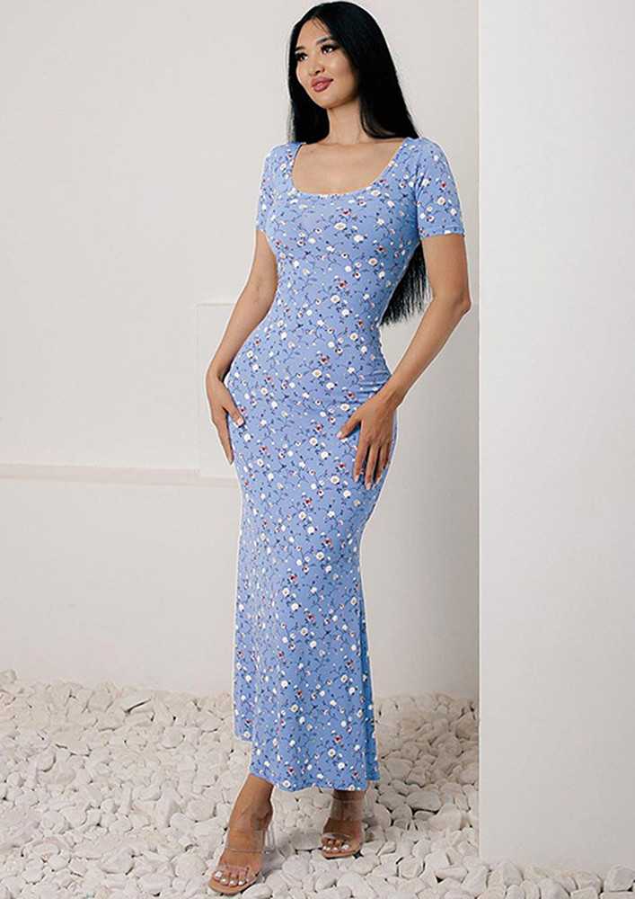 Blue Floral Motif Print Maxi Dress