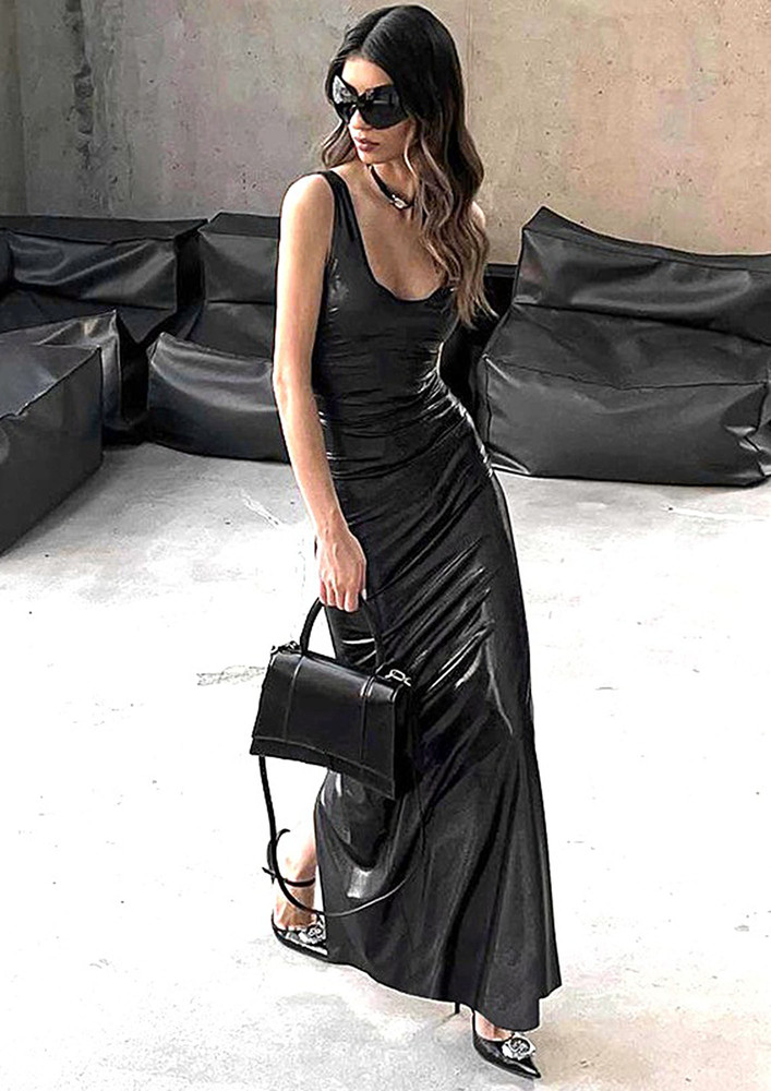 Black Embellishing U-neck Long Dress