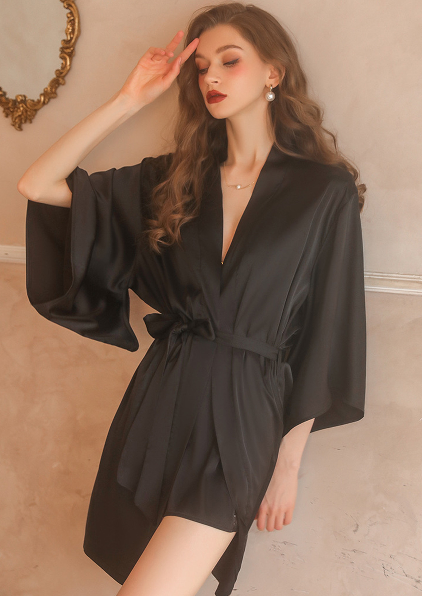 Buy Black Satin Kimono Robe Lace Dressing Gown Robes for Women Lace Bridal  Short Robe Wedding Robe for Bride Bridal Party Gift for Daughter Online in  India - Etsy