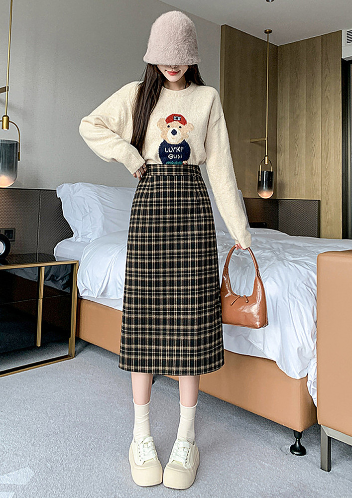 Checkered High-waisted Brown A-line Midi Skirt