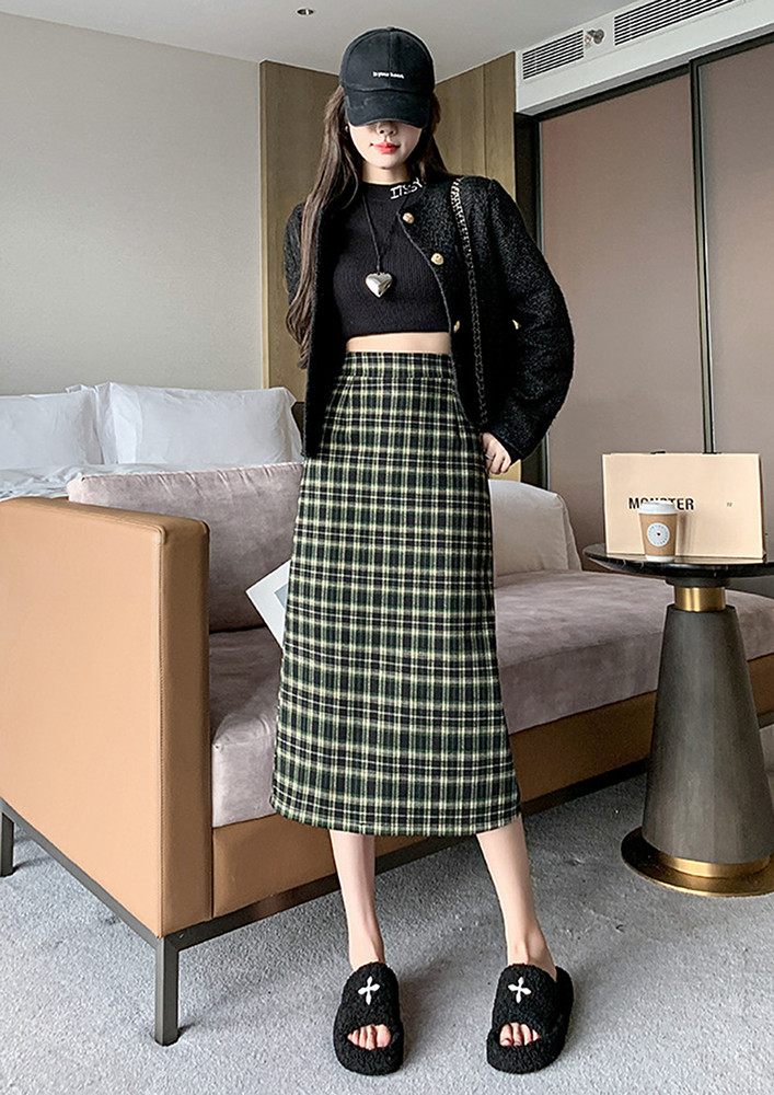Checkered High-waisted Green A-line Midi Skirt