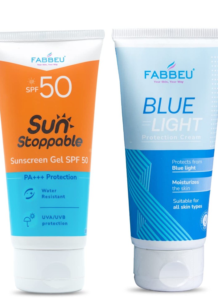 FABBEU Bluelight Protection Cream & Sunscreen SPF 50 Hydrating Sun Cream Gel To Shield From UVA UVB & IR Rays Lightweight Lotion Suitable For Men & Women with All Skin Types (Paraben Free, 2 x 100 gm)