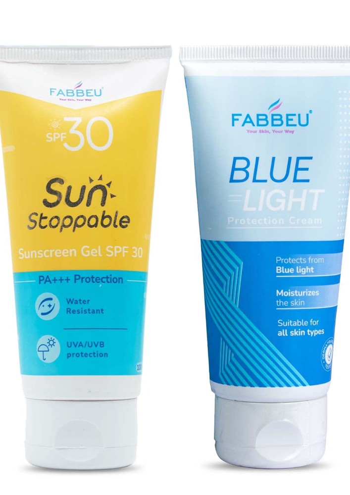 FABBEU Bluelight Protection Cream & Sunscreen SPF 30 Hydrating Sun Cream Gel To Shield From UVA UVB & IR Rays Lightweight Lotion Suitable For Men & Women with All Skin Types (Paraben Free, 2 x 100 gm)