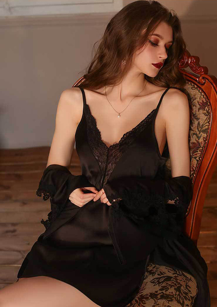 Black Lace Trimmed Slip-on Satin Nightdress