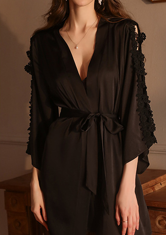Black Floral Lace Detail Free Size Night Robe