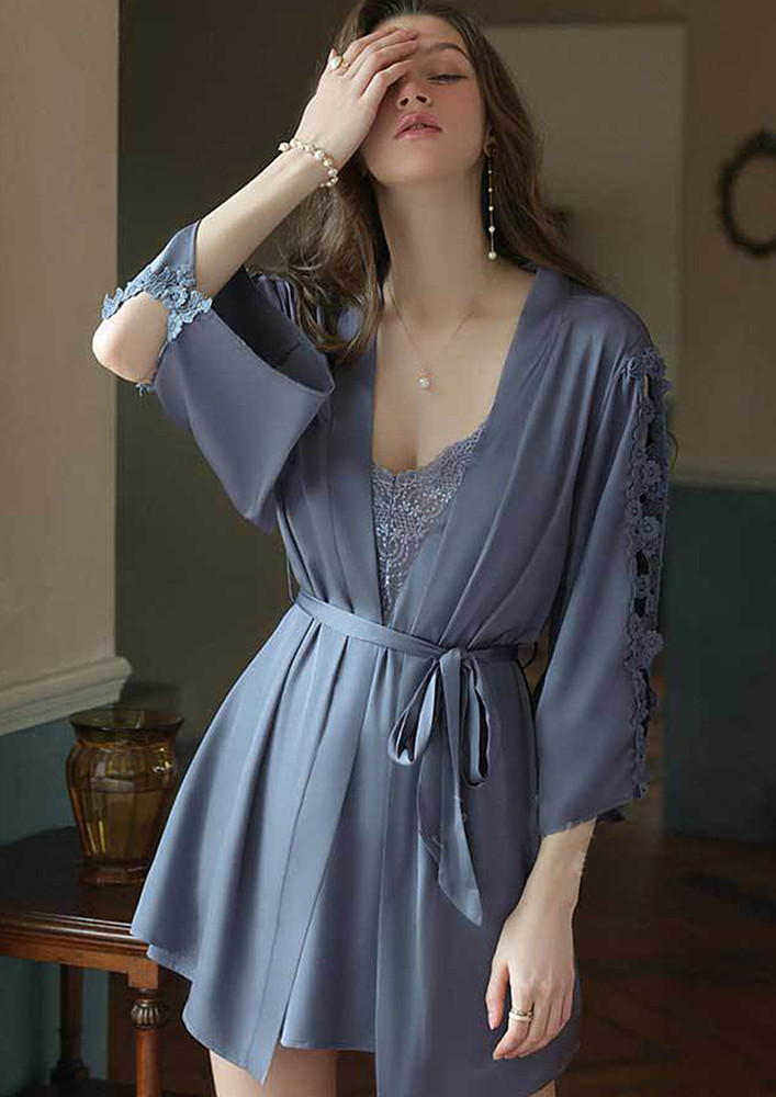Grey Floral Lace Detail Free Size Night Robe