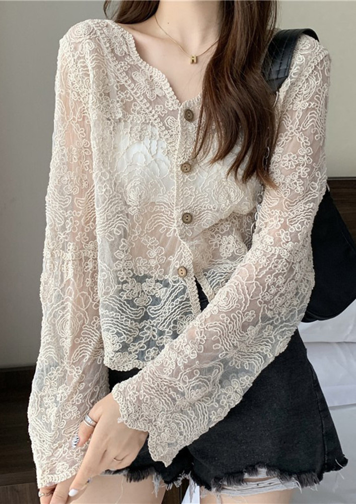 LACY LOOSE V-NECK SHEER BLOUSE