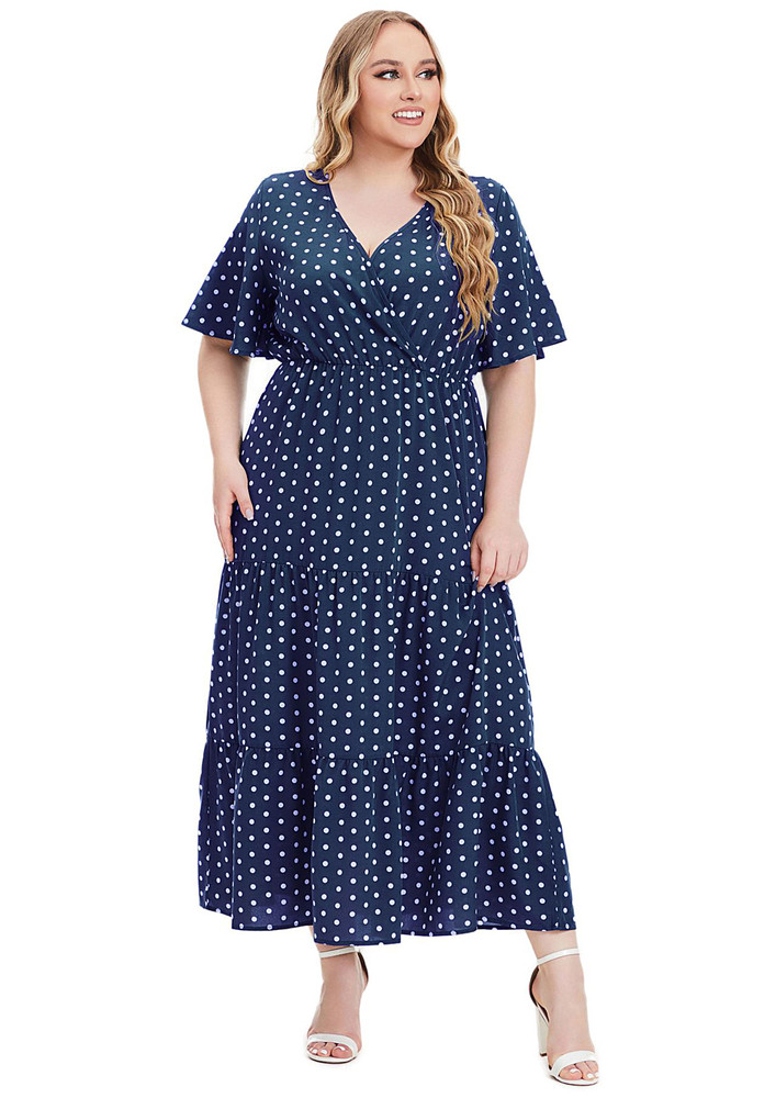 Deep Blue Polka Dot Tiered Plus Size Dress
