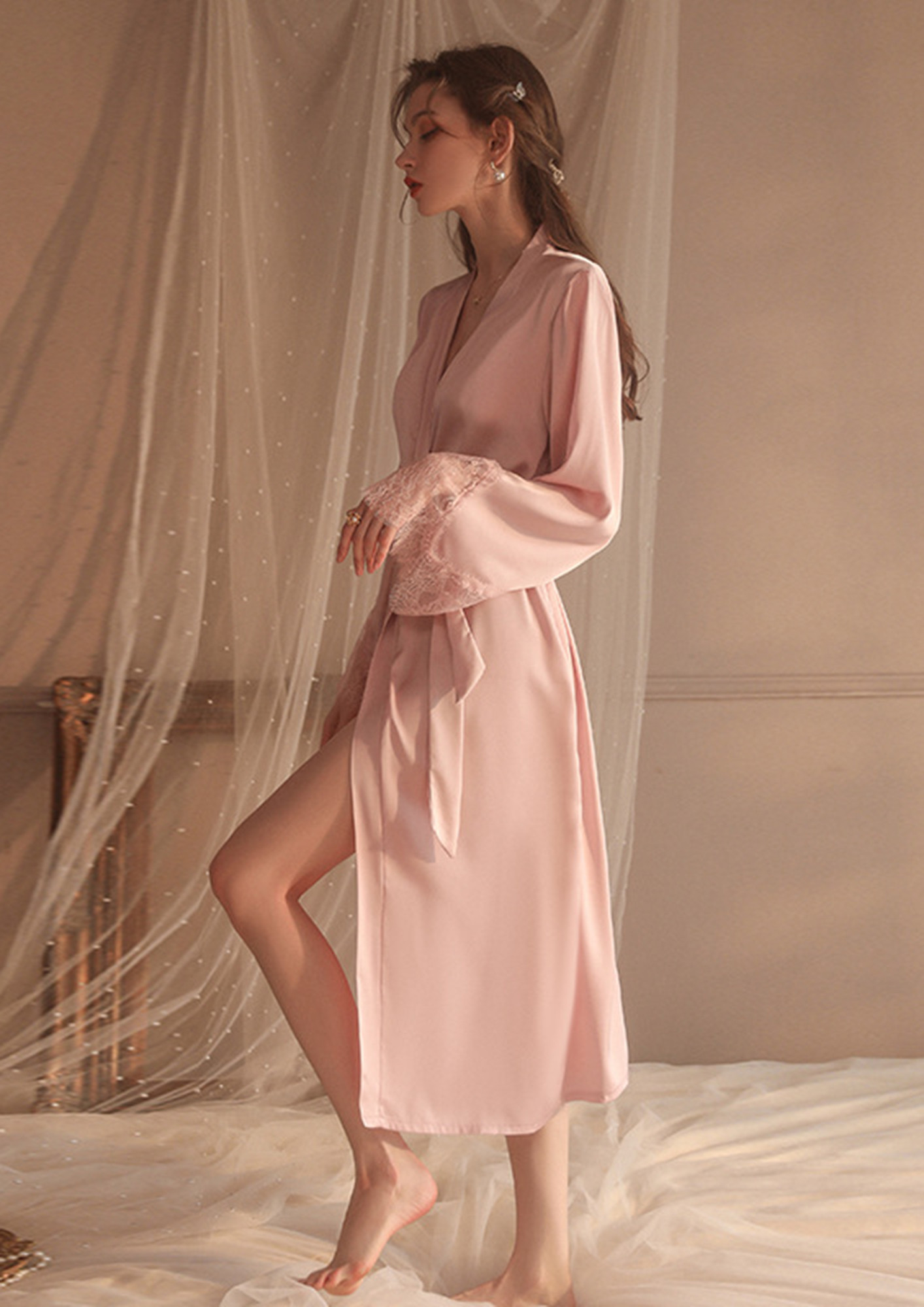 Buy LACEE-TRIM SATIN PINK NIGHT ROBE for Women Online in India