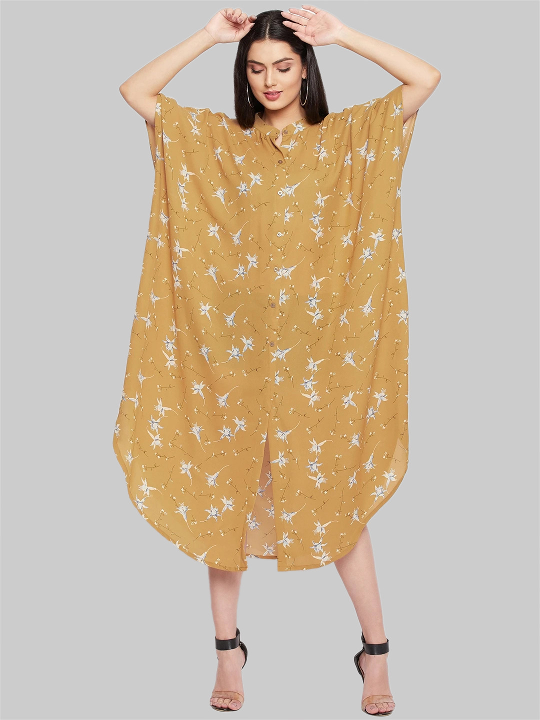 Mustard floral Kaftan Shirt Dress