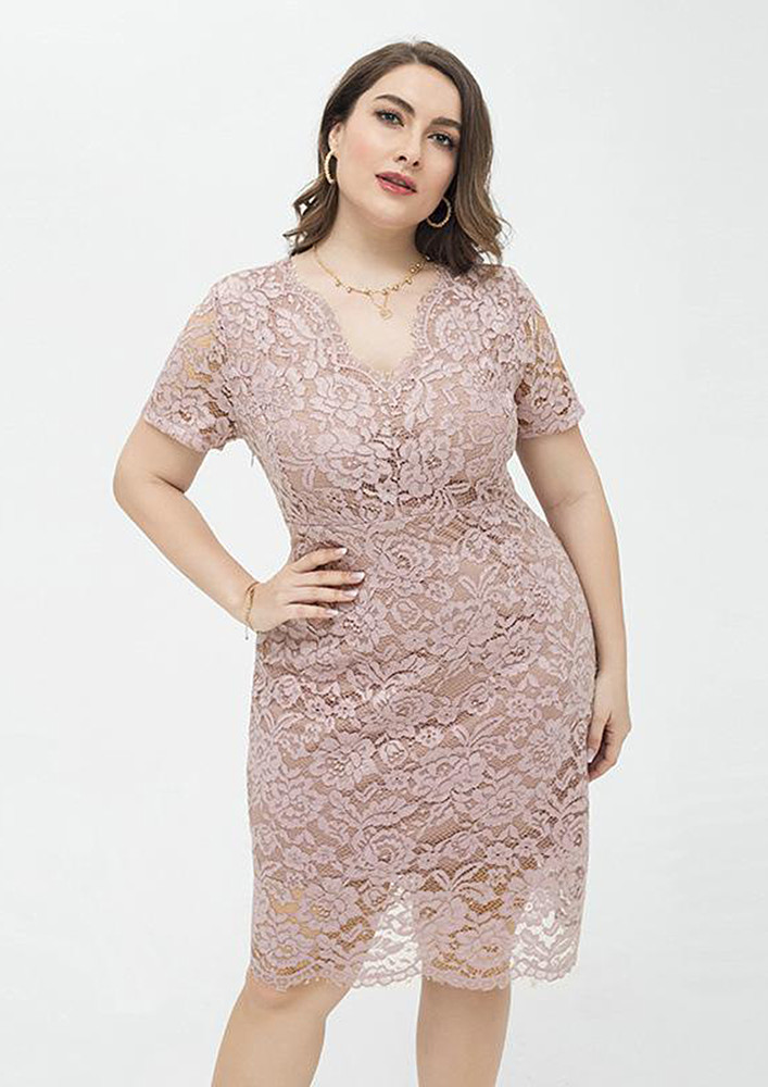 V-neck Plus Size Lace Pencil Dress