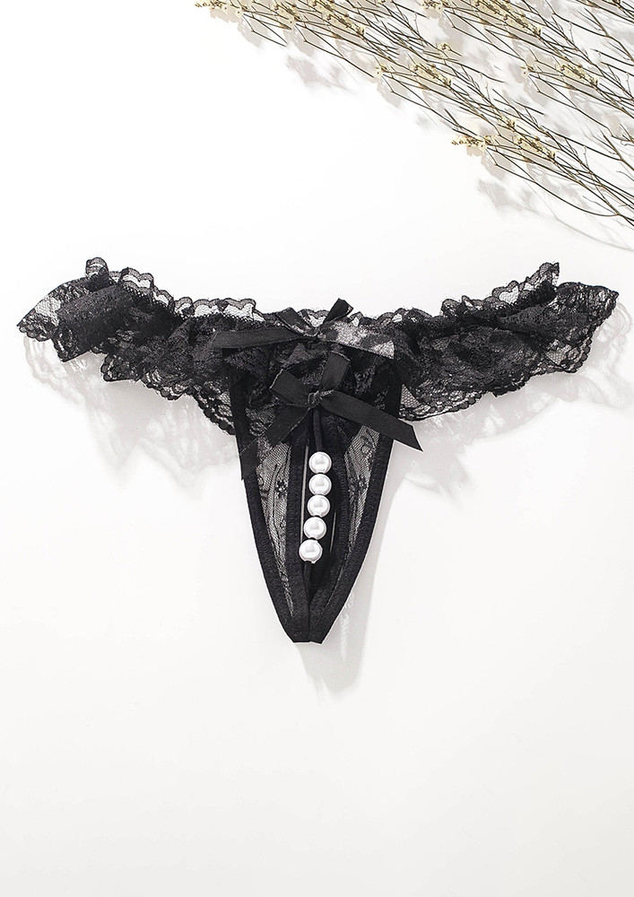 BLACK OPEN-CROTCH PEARL STRAP LACE THONG