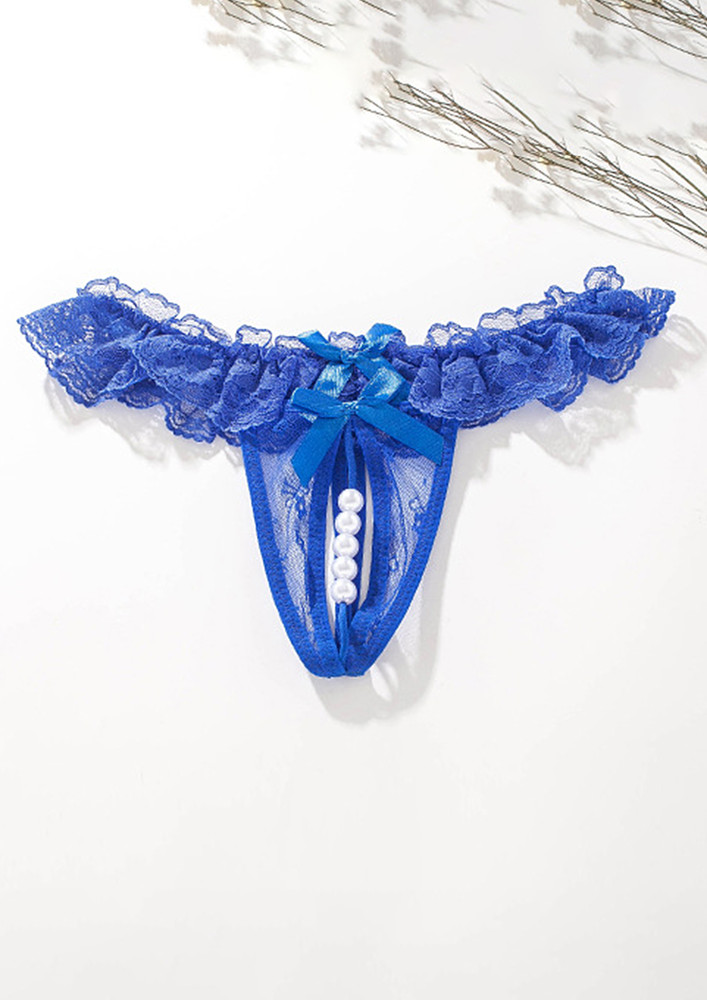 BLUE OPEN-CROTCH PEARL STRAP LACE THONG