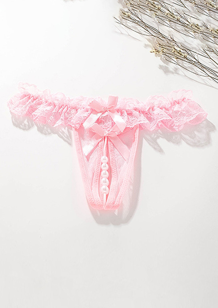 PINK OPEN-CROTCH PEARL STRAP LACE THONG