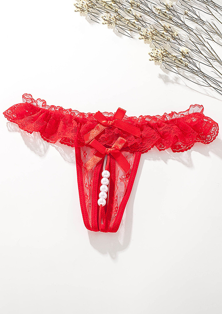 RED OPEN-CROTCH PEARL STRAP LACE THONG